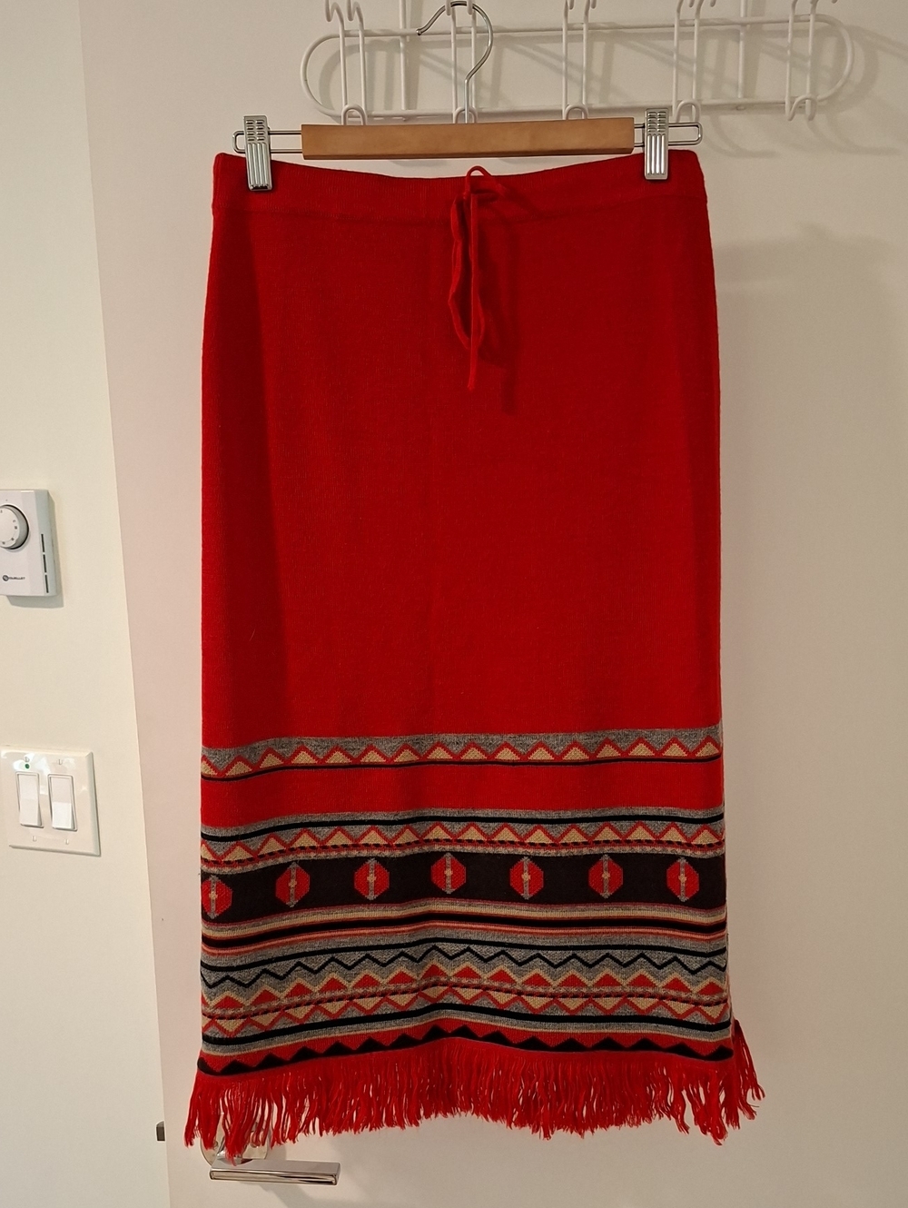 Vibrant Red Boho Knit Southwestern Pencil/Sheath Midi Skirt with Fringe (Size S)